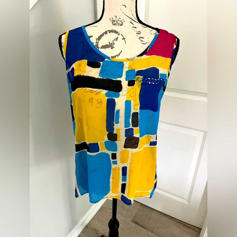 Miss Sasa colorful semi-sheer sleeveless blouse, size medium.